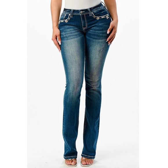 Grace in LA Women's Faux Flap Pocket Floral Embroidered Distressed Bootcut Jeans - Picture 2 of 3